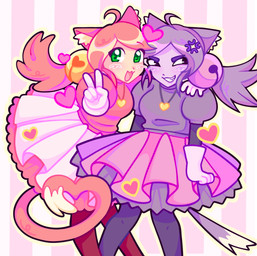 ahoge animal_ears bottomwear clothed clothed_female clothed_humanoid clothing duo female female/female fully_clothed fully_clothed_female fully_clothed_humanoid gesture gloves hair hair_bell hand_gesture handwear heart_necklace heart_symbol inner_ear_fluff light_body light_skin pink_clothing pink_hair pink_topwear purple_body purple_clothing purple_hair purple_skin skirt tail topwear tuft v_sign white_bottomwear white_clothing white_gloves white_handwear white_skirt lotussprings deltarune undertale_(series) irritable_ghost_(deltarune) mad_mew_mew mew_mew_(undertale) pink_(deltarune) animal_humanoid cat_humanoid felid felid_humanoid feline feline_humanoid humanoid mammal mammal_humanoid 2026 hi_res