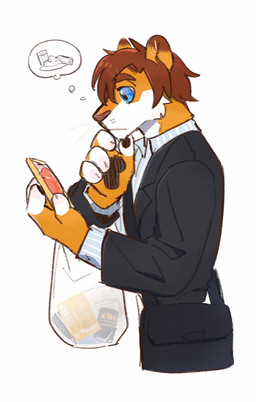 anthro black_clothing black_jacket black_pawpads black_topwear blue_clothing blue_eyes blue_topwear brown_hair brown_nose cellphone cheek_tuft clothed clothing electronics facial_tuft fur glistening glistening_eyes hair holding_cellphone holding_object holding_phone holding_smartphone jacket looking_at_cellphone looking_at_object looking_at_phone male messy_hair mouth_closed orange_body orange_fur pawpads phone short_hair simple_background smartphone solo standing thought_bubble topwear tuft unsigned white_background white_body white_clothing white_fur white_topwear asnnonaka felid mammal half-length_portrait hi_res portrait