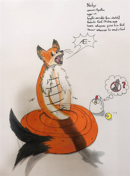 ambiguous_gender beady_eyes begging claws coiling cute_fangs dancing daww fangs feral fluffy fluffy_chest group information_section innocence male onomatopoeia open_mouth orange_body paws prohibition_sign question_mark shadow simple_background sound_effects swaying teeth text thought_bubble tongue trio whisker_spots whiskers white_body yellow_body dylanaildon_no_2 nicky_(dylanaildon_no_2) avian bird canid chicken galliform mammal phasianid pipefox absurd_res hi_res traditional_media_(artwork)