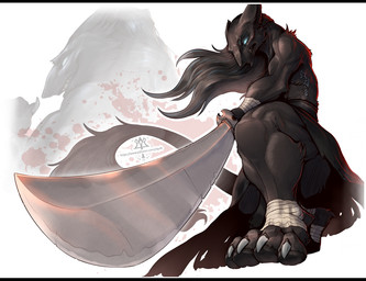 anthro barefoot black_bars black_body claws fangs feet foot_focus fur glowing glowing_eyes hair male melee_weapon pawpads paws solo sword tail teeth weapon kredri mammal sergal letterbox