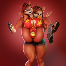 aloha_shirt anthro big_breasts blue_eyes bottomwear breasts brown_body brown_eyes brown_hair carrying_another clothed clothing duo female female/female footwear hair lifting_another looking_at_viewer pattern_clothing pattern_shirt pattern_topwear red_background sandals shirt shoes shorts simple_background thick_thighs topwear underwear vllrukkin captainflapcats_(rigger) mayosplash_(modeler) chip_'n_dale_rescue_rangers disney chip_(disney) dale_(disney) chipmunk ground_squirrel mammal rodent sciurid 1:1 3d_(artwork) blender_(artwork) digital_media_(artwork) hi_res