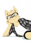 2019 anthro black_nose bottomwear canid canine canis clothed clothing digital_media_(artwork) domestic_dog eyewear fffffolder fur glasses hi_res looking_at_viewer male mammal shadow shirt shorts simple_background smile solo topwear white_background young young_anthro