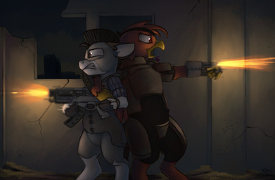 armor body_armor brown_eyes clenched_teeth clothing duo female feral gun hair male open_mouth ranged_weapon red_eyes shooting standing teeth weapon marsminer fallout hasbro microsoft my_little_pony mythology dominic_(nighteyes_5) fan_character thistle_(dothemonkey94) asinus avian donkey equid equine gryphon mammal mythological_avian mythological_creature 2017 hi_res