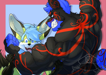 anthro back_muscles biceps bully cocky flexing flexing_bicep flexing_muscles male male/male partners velvetymane_(artist) biceptember canid canine canis fennec_fox fox mammal true_fox wolf