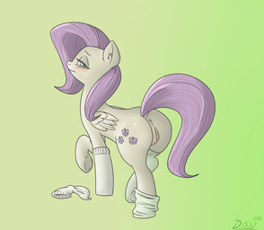 anus blue_eyes blush bodily_fluids butt clothing cutie_mark discorded feathered_wings feathers female feral footwear fur genital_fluids genitals hair half-closed_eyes legwear locked narrowed_eyes pink_hair socks solo vaginal_fluids vulva wings yellow_body yellow_feathers yellow_fur dissyshy friendship_is_magic hasbro my_little_pony mythology fluttershy_(mlp) equid equine mammal mythological_creature mythological_equine pegasus 2013