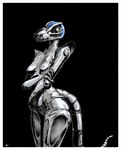 anthro armor boob_armor breasts chrome female glistening glistening_body reflection silver_(metal) silver_armor solo tail deltav dinosaur dromaeosaurid prehistoric_species reptile scalie theropod hi_res