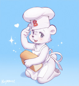 3_toes ambiguous_gender anthro apron apron_only barefoot blush bread bread_loaf chef_hat chibi clothing cute_fangs fangs feet food fur grey_pawpads hat headgear headwear kneeling looking_at_viewer open_mouth pawpads paws soles solo tail teeth toes tongue white_body white_fur koiyaroid bimbo_(bakery) bimbo_bear bear mammal 2024 absurd_res digital_media_(artwork) hi_res