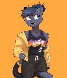 anthro blue_body blue_ears blue_eyes blue_fur blue_hair breasts clothed clothed_anthro clothed_female clothing cute_fangs drawstring drawstring_bottomwear eye_through_hair fangs female female_anthro fingers fur furgonomics hair jacket jersey looking_aside number number_on_clothing off_shoulder open_mouth open_smile ponytail shirt simple_background smile solo tail tail_clothing teeth text topwear translucent translucent_hair white_sclera yellow_background yellow_clothing yellow_jacket_(clothing) yellow_topwear conditional_dnp sonokido nba nike phoenix_suns ventura_city_drifters alina_scratch domestic_cat felid feline felis mammal russian_blue 2023 digital_media_(artwork) english_description english_text hi_res portrait three-quarter_portrait