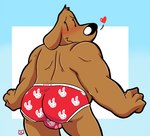 anthro black_nose blue_background blush briefs briefs_only brown_body brown_fur bulge bulge_from_behind butt clothed clothing colored_seam_underwear detailed_background embarrassed food fur heart_symbol male mature_anthro mature_male muscular muscular_male pretzel_(food) print_briefs print_clothing print_underwear red_briefs red_clothing red_underwear simple_background smile solo topless underwear underwear_only white_background white_seam_briefs white_seam_underwear pretzelgremlin sam_and_max max_(sam_and_max) samuel_dog canid canine canis domestic_dog mammal hi_res signature