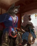 anthro asian_architecture asian_clothing ball_fondling balls beard brown_body brown_fur bulge bulge_fondling clothed clothing detailed_bulge duo eye_contact facial_hair fondling fully_clothed_male fur genitals gesture grey_body grey_fur jewelry lamp lantern leg_armor looking_at_another lustful_gaze male male/male markings muscular necklace pecs sex striped_markings striped_tail stripes suggestive suggestive_gesture surprised_expression tail tail_fetish tail_markings tail_play tail_sex topless topless_male touching_bulge touching_tail walking_away weapon_on_hip whiskers white_body white_fur yellow_sclera killioma final_fantasy final_fantasy_xiv final_fantasy_xiv:_stormblood square_enix dancer_(final_fantasy) canid canine canis felid hrothgar lupin_(ffxiv) mammal wolf 2023 hi_res