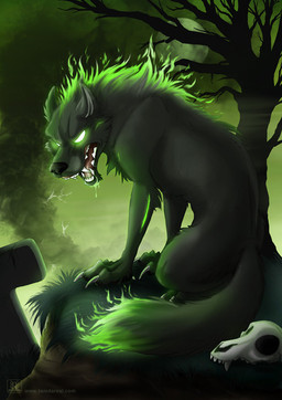 ambiguous_gender black_nose bone feral green_eyes hell moon quadruped skull solo tail teeth conditional_dnp tani_da_real mythology canid canid_demon canine demon hellhound mammal mythological_canine mythological_creature
