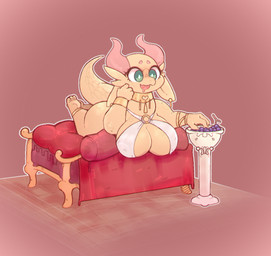 2_horns 3_toes 4_fingers ankle_cuffs anthro big_breasts big_butt blush blush_lines bodily_fluids bra breasts butt clothed clothing collar cuff_(restraint) drooling ear_pearcing eyebrows eyelashes feet female fingers floppy_ears food front_view fruit furniture gold_(metal) gold_collar gold_piercing grape green_eyes hanging_breasts happy horn huge_breasts lying metal_collar nipple_outline non-mammal_breasts on_front open_mouth open_smile ottoman outline pedestal piercing pink_background pink_horn plant restraints royalty saliva scales simple_background smile snout solo string_bra tail tapering_tail thick_thighs three-quarter_view toes underwear white_bra white_clothing white_eyes white_outline white_underwear wide_hips wrist_cuffs yellow_body yellow_scales moogers mythology dragon mythological_creature mythological_scalie scalie 2023 digital_media_(artwork) full-length_portrait hi_res portrait shaded soft_shading