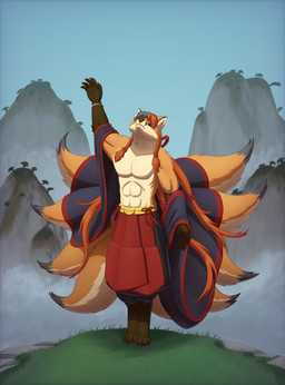 9_tails anthro biceps brown_body brown_fur claws clothed clothing detailed_background fur grass hair long_hair looking_to_sky male mountain multi_tail orange_body orange_fur pecs plant solo tail white_body white_fur whitedragoncito canid canine fox mammal red_fox true_fox 2025 hi_res signature