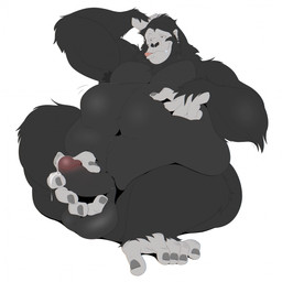 abdominal_bulge anthro armpit_hair autofootjob balls belly big_belly big_penis black_body black_fur bodily_fluids body_hair drooling erection feet foot_fetish foot_play fur genital_fluids genitals huge_belly male male_pred masturbation muscular muscular_male nude opposable_toe pecs penis precum saliva same_size_vore solo struggling struggling_prey tongue tongue_out vore moondogg ape gorilla haplorhine mammal primate 1:1 hi_res
