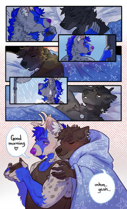 anthro bathing bedding black_body black_fur black_nose blanket blue_body blue_fur bottomless clothed clothing collar comic_panel dialogue duo ear_piercing embarrassed eye_contact fur home homeless horn hug looking_at_another love male male/male morning piercing shower showering sleeping smile smirk smirking_at_partner speech_bubble star sun sunset text topwear topwear_only vest vest_only ryan1111_(artist) canid canine canis domestic_dog hyena mammal wolf absurd_res comic english_text hi_res