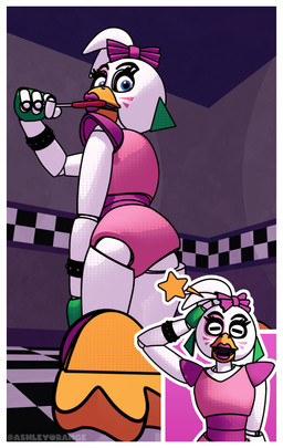 accessory anthro blue_eyes bodypaint bodysuit bow_ribbon bracelet candy clothing comic_panel dessert ear_piercing ear_ring face_paint feet female fingerless_gloves food food_in_mouth gloves hair_accessory hair_bow hair_ribbon handwear holding_food holding_object jewelry leg_warmers legwear lipstick looking_at_viewer machine makeup on_model orange_feet piercing ribbons ring_piercing shoulder_pads skinsuit solo studs suggestive suggestive_pose tight_clothing white_body ashleyorange five_nights_at_freddy's five_nights_at_freddy's:_security_breach scottgames steel_wool_studios glamrock_chica animatronic avian bird chicken galliform phasianid robot robot_anthro 2024 3d_(artwork) absurd_res comic digital_media_(artwork) hi_res