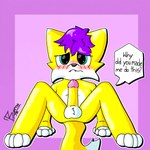 anthro balls blue_eyes blush blush_lines fur genitals hair male penis purple_hair simple_background solo speech_bubble spread_legs spreading text white_balls white_body white_fur yellow_body yellow_fur yellow_penis bartisthedoggie bartis_(bartisthedoggie) canid canine canis domestic_dog mammal 1:1 english_text hi_res shaded signature simple_shading