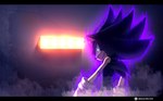 anthro black_bars black_body blue_eyes clothing fog gloves handwear looking_at_viewer looking_back looking_back_at_viewer male purple_aura solo speendlexmk2 sega sonic_the_hedgehog_(series) dark_sonic sonic_the_hedgehog eulipotyphlan hedgehog mammal absurd_res hi_res letterbox