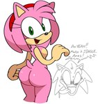 2024 accessory amy_rose anthro bodily_fluids breasts butt dialogue duo english_text eulipotyphlan female green_eyes hair_accessory hairband hedgehog male mammal nude open_mouth saliva sega simple_background sonic_the_hedgehog sonic_the_hedgehog_(series) speech_bubble sweat text tongue tongue_out vilepluff