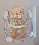 anthro baby_bouncer bdsm blush bondage bound clothing cuff_(restraint) diaper gag male pacifier pacifier_gag pajamas restraints solo straps wrist_cuffs young young_anthro skidoo tyler_(skidoo) canid canine mammal digital_media_(artwork) hi_res