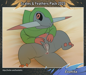 anus black_body bodily_fluids claws embarrassed female feral front_view genitals green_body looking_at_viewer lying multicolored_body on_back presenting presenting_vulva red_eyes solo text toe_claws vulva exonite nintendo pokemon fraxure generation_5_pokemon pokemon_(species) hi_res url