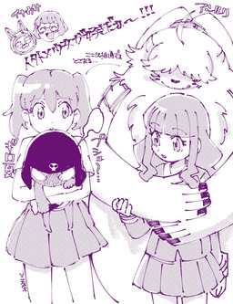 ahoge angry anthro belt blush duo embarrassed female group hair hair_over_eyes hug long_hair male size_difference odd_milmake bandai_namco digimon digimon_ghost_game sgt._frog natsumi_hinata ruri_tsukiyono angoramon digimon_(species) human mammal character_request hi_res line_art