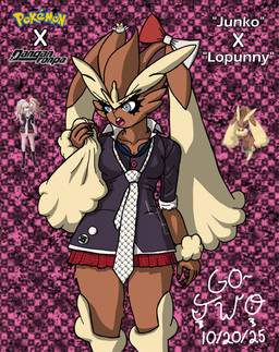 anthro big_ears blue_eyes bottomwear bow_ribbon brown_body brown_fur cardigan clothing colored_nails disguise female fur looking_away miniskirt nails necktie playing_with_ears red_nails skirt solo text go-two danganronpa danganronpa:_trigger_happy_havoc nintendo pokemon spike_chunsoft junko_enoshima mukuro_ikusaba cinderace generation_4_pokemon generation_8_pokemon human lagomorph leporid lopunny mammal pokemon_(species) rabbit absurd_res english_text hi_res reference_image