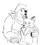 armor clothing duo eye_patch eyewear fur headgear helmet male male/male smile tongue tongue_out zhadinax epic_games fortnite fennix_(fortnite) polar_patroller bear canid canine fox mammal polar_bear ursine digital_drawing_(artwork) digital_media_(artwork) monochrome sketch