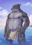 3_fingers anthro balls barely_visible_genitalia belly big_bulge blue_eyes bottomwear bulge clothed clothing countershading fingers genitals grey_body grey_nipples grey_skin hand_on_hip legs_in_water loincloth looking_at_viewer male musclegut muscular muscular_anthro muscular_male navel nipples no_sclera outside partially_submerged penis penis_base piercing sky solo standing standing_in_water submerged_legs thick_penis three-quarter_view topless water water_drop wet slugsdog disney lilo_and_stitch gantu alien marine 2018 absurd_res hi_res