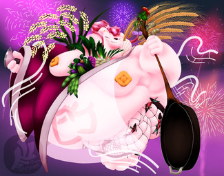 anthro apron asian_clothing belly between_breasts big_belly big_breasts breasts carrot chili_pepper clothed clothing cucumber double_chin east_asian_clothing eggplant entrapment fireworks fishnet_clothing fishnet_legwear food fruit fur hair hyper intersex japanese_clothing kimono leek legume legwear light_clothing male moobs morbidly_obese morbidly_obese_anthro musical_instrument navel nipples obese obese_anthro onion overweight overweight_anthro parsnip partially_clothed pepper_(fruit) pink_hair plant plucked_string_instrument potato rice_plant rosemary sash scallion shamisen simple_background size_difference solo soybean square_areola squash_(fruit) string_instrument sweet_potato thick_thighs trapped_in_clothing unusual_clothing vegetable wheat_stalk white_body white_fur wok zucchini fujiyama_samoyed fujiyama_kenhaku canid canine canis deity domestic_dog fish mammal marine nordic_sled_dog salmon salmonid_(fish) samoyed spitz digital_media_(artwork) hi_res shaded soft_shading watermark