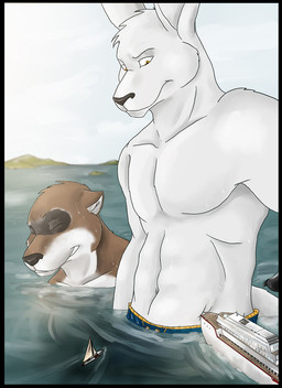anthro bared_teeth black_nose blue_bottomwear blue_clothing bottomwear brown_body brown_fur clothed clothing day duo eyes_closed facial_markings fur head_markings head_tuft macro male male_anthro markings mask_(marking) mouth_closed navel orange_eyes outside partially_submerged ship topless tuft vehicle watercraft white_body white_fur solaxe_(artist) kangaroo macropod mammal marsupial procyonid raccoon