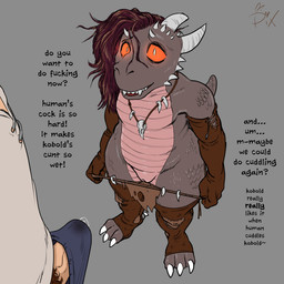 anthro armwear aroused bodily_fluids bottomwear bottomwear_pull brown_hair claws clothing clothing_pull cuddle_request dialogue dripping duo elbow_gloves erection female genital_fluids genitals gloves glowing glowing_eyes grey_background grey_body hair handwear horn human_fetish human_on_anthro innie_vulva interspecies jewelry loincloth loincloth_pull looking_at_another male male/female necklace offering_sex out_of_frame penis plump_labia precum precum_drip precum_through_clothing profanity red_sclera requesting scales sex_request simple_background solo_focus tail teeth text thick_thighs toe_claws vein veiny_penis vulva wet wet_clothing pixiemuledonkey human kobold mammal reptile scalie 1:1 broken_language digital_media_(artwork) english_text hi_res signature
