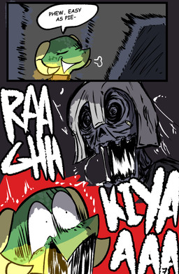 anthro dialogue duo female horn relieved scared scared_eyes speech_bubble text wearing_helmet brradett microsoft the_elder_scrolls lernie_(brradett) argonian scalie absurd_res comic english_text hi_res