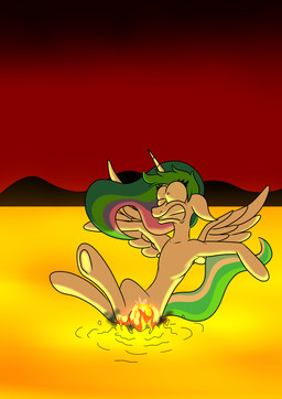 burning butt_on_fire clenched_teeth cutie_mark feathered_wings feathers female feral fire horn lava pain smoke solo teeth wings hot_rolls friendship_is_magic hasbro my_little_pony mythology princess_celestia_(mlp) equid equine mammal mythological_creature mythological_equine winged_unicorn absurd_res digital_media_(artwork) hi_res