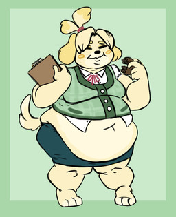 anthro barefoot belly belly_overhang belly_peeking_out big_belly big_cheeks blonde_hair breasts cardigan chubby_cheeks clipboard clothing collared_shirt dessert double_chin doughnut dress_shirt eating eating_food exposed_belly eyes_closed feet female food green_background hair hair_bun happy holding_clipboard holding_doughnut holding_food holding_object medium_breasts natural_breasts navel obese obese_anthro obese_female overweight overweight_anthro overweight_female pastry shirt simple_background smile solo tail topwear yellow_body sneetsnirt animal_crossing nintendo isabelle_(animal_crossing) canid canine canis domestic_dog mammal shih_tzu toy_dog 2018 digital_drawing_(artwork) digital_media_(artwork) full-length_portrait hi_res portrait