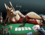 alcohol anthro beverage big_breasts blonde_hair breasts card casino clothed clothing curvy_figure dress duo ear_piercing ear_ring facial_piercing female fur gambling hair lying nose_piercing nose_ring piercing poker poker_cards poker_chip poker_table ring_piercing septum_piercing septum_ring smoking solo_focus spots text yellow_body yellow_fur elenmory canid canine mammal absurd_res hi_res