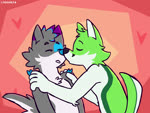 anthro black_nose blue_body blue_fur blue_nose duo eyes_closed facial_markings fur green_body green_fur hair head_markings heart_symbol kiss_on_lips kissing kissing_cheek male male/male markings purple_body purple_fur simple_background smile smooch_(sound_effect) smothering text white_body white_fur sound_warning fidget_the_fox kyro_the_husky canid canine canis domestic_dog fox husky mammal nordic_sled_dog spitz animated digital_media_(artwork) sound