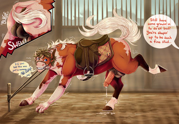 all_fours balls bdsm bodily_fluids bridle brown_body brown_fur cum cum_drip dripping erection feral fur genital_fluids genitals growth heterochromia hooves human_to_feral male medial_ring mid_transformation penis petplay ponyplay quadruped reins roleplay saddle solo species_transformation stable tail tail_growth text tied_to_pole transformation white_body white_fur hoofin-it equid equine horse human mammal english_text story story_in_description