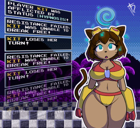 anthro big_breasts bikini biped bodily_fluids breasts brown_body brown_hair camel_toe cleavage clothed clothing drooling eyewear eyewear_on_head female front_view gameplay_mechanics goggles goggles_on_head hair hypnosis mind_control navel saliva solo swimwear text thick_thighs two-piece_swimsuit wide_hips yellow_bikini yellow_clothing yellow_swimwear harvestman_here gameoverse glitch_productions kit_bodega domestic_cat felid feline felis mammal english_text hi_res