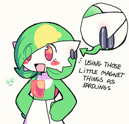 blush ear_piercing ear_ring female hair hair_over_eye hands_on_hips humanoid_pointy_ears open_mouth open_smile piercing pointy_ears ring_piercing simple_background smile solo white_background melfunnysmell nintendo pokemon gaba_(melfunnysmell) gardevoir generation_3_pokemon humanoid pokemon_(species)