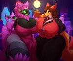 anthro beverage big_breasts black_clothing blue_eyes breasts brown_hair button_(fastener) clothing container cup dress duo female fingers fur hair huge_breasts machine moon necktie night orange_body orange_fur pink_body pink_clothing pink_dress pink_fur pink_hair protogen_visor red_clothing red_necktie straining_buttons tail thick_thighs nightlyflare canid canine fox mammal protogen 2024 hi_res