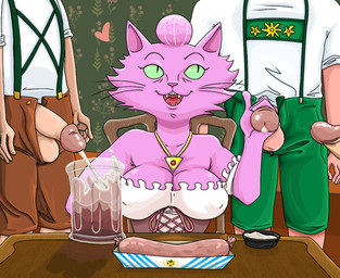 anthro balls bodily_fluids bottomwear bratwurst breasts cleavage clothed clothing cum cum_in_a_cup cum_in_container cumshot ejaculation faceless_character faceless_male fangs female female_focus food front_view fully_clothed fur genital_fluids genitals glans glass green_eyes group handjob heart_symbol human_on_anthro humanoid_genitalia humanoid_penis interspecies jewelry looking_up male male/female male_on_anthro meat necklace nipple_outline open_bottomwear open_clothing open_mouth open_pants orgasm pants penile penis penis_grab penis_poking_out penis_through_fly pink_body pink_fur precum sausage sex sitting solo_focus suspenders teeth tongue whiskers dbaru third-party_edit flaminhotcheatoes_(colorist) bojack_horseman netflix princess_carolyn domestic_cat felid feline felis human mammal color_edit colored