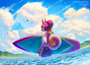 anthro back_tattoo beach bracelet clothed clothing cloud detailed_background ear_piercing facial_piercing fur hair half-closed_eyes jewelry landscape looking_at_viewer male multicolored_body multicolored_hair narrowed_eyes nose_piercing piercing rear_view sea sky skyscape smile solo surfboard surfer surfing swimwear tail tattoo teeth text water white_body old_squatter avian bird canid canine canis domestic_dog gull lari larid mammal wolf 2025 artist_name colored digital_drawing_(artwork) digital_media_(artwork) half-length_portrait hi_res portrait shaded signature