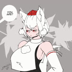 big_breasts blush blush_lines breasts clothing dialogue female hair hat headgear headwear huge_breasts looking_aside offscreen_character red_eyes solo speech_bubble tail tail_motion tailwag text white_hair zedrin asian_mythology east_asian_mythology japanese_mythology mythology touhou momiji_inubashiri animal_humanoid canid canid_humanoid canine canine_humanoid humanoid mammal mammal_humanoid wolf_humanoid yokai 1:1 animated no_sound short_playtime signature webm