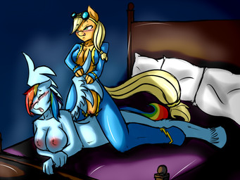 anthro anthrofied bed big_breasts blonde_hair blue_body blue_feathers blue_fur blush breasts cleavage clothed clothing duo eyes_closed eyewear feathered_wings feathers female female/female fur furniture genitals goggles green_eyes hair hooves inside licking licking_lips long_hair lying mane multicolored_hair nipples on_bed on_front pillow ponytail rainbow_hair self_lick straddling tail tongue tongue_out translucent translucent_hair vulva wing_boner wings avante92 friendship_is_magic hasbro my_little_pony mythology applejack_(mlp) rainbow_dash_(mlp) earth_pony equid equine horse mammal mythological_creature mythological_equine pegasus pony 4:3 hi_res