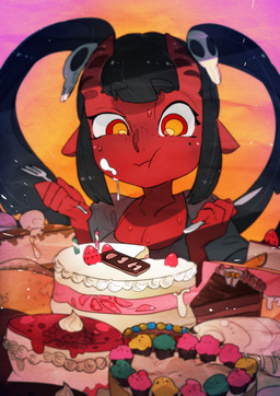5_fingers abstract_background bangs black_eyebrows black_hair breasts cake cleavage clothed clothing cutlery dessert detailed_food dirty eating eyebrow_through_hair eyebrows female female_humanoid fingers food fork freckles fruit hair holding_fork holding_knife holding_object horn humanoid_pointy_ears kitchen_utensils knife long_hair looking_at_viewer pigtails plant pointy_ears red_body red_horn red_skin shirt solo strawberry tools topwear translucent translucent_hair yellow_eyes idkuroi meru_(merunyaa) demon demon_humanoid humanoid detailed digital_media_(artwork)