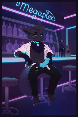 alcohol alcohol_bottle animal_genitalia animal_penis anthro barefoot bartop belt beverage beverage_bottle biped blazer blue_border blue_canine_penis blue_eyes blue_penis bodily_fluids border bottle bottomwear canine_genitalia canine_penis chest_tuft clothed clothing collar collar_tag container ear_piercing ear_ring erection eye_markings facial_markings feet fluffy fluffy_chest fur genital_fluids genitals glass grey_body grey_fur head_markings holding_glass holding_object knot looking_at_viewer male male_anthro markings mottled mottled_arm mottled_body mottled_tail navel nightclub open_bottomwear open_clothing open_pants pants partially_clothed_anthro partially_clothed_male penis piercing precum purple_body purple_fur ring_piercing sheath slacks smile smiling_at_viewer smirk smirking_at_viewer solo tear_(marking) text tuft nicothejoe blade_runner mythology vial_furglitch dragon furred_dragon furred_scalie mythological_creature mythological_scalie scalie 2026 2:3 digital_media_(artwork) english_text hi_res