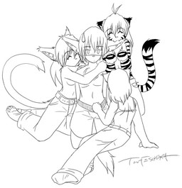 ahoge barefoot breasts casual_exposure chest_tuft clothed clothing ear_nom feet female footwear fur group hair harem hindpaw legwear male male/female nom pawpads paws socks soles tail teamwork topless tuft conditional_dnp tom_fischbach twokinds flora_(twokinds) karen_taverndatter keith_keiser animal_humanoid basitin canid canine cat_humanoid felid felid_humanoid feline feline_humanoid fox human humanoid hybrid keidran mammal mammal_humanoid pantherine tiger 2005 black_and_white line_art monochrome sketch