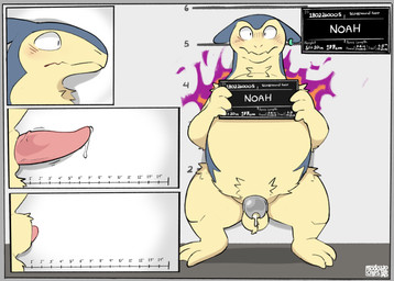 animal_genitalia anthro balls blush blush_lines bodily_fluids chastity_cage chastity_cage_only chastity_device chastity_device_only dripping ear_piercing ear_ring erection fire fur fur_tuft genital_fluids genitals leaking_precum male mugshot nude penis piercing precum precum_drip ring_piercing sheath solo tapering_penis text tuft wearing_chastity_cage wearing_chastity_device sodacaps nintendo pokemon generation_2_pokemon pokemon_(species) typhlosion absurd_res english_text hi_res