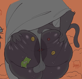 5_fingers anal_storage anthro anus anus_peek backsack balls balls_outline big_anus big_butt black_anus black_body black_fur bottom_heavy bubble_butt bulge butt butt_focus butt_squish cat_tail cavity_storage cloak cloak_lift clothing coin curvy_figure detailed_bulge embarrassed femboy fingers freckled_butt freckled_legs freckled_thighs freckles fur genital_outline genitals glistening glistening_butt glistening_thighs grabbing_own_butt grey_cloak grey_clothing grey_hood grey_panties grey_underwear hand_on_butt hood hood_up huge_anus huge_butt huge_thighs male male_anthro money panties presenting presenting_anus presenting_hindquarters rear_view solo spread_anus spread_butt spreading squish text thick_thighs underwear voluptuous voluptuous_anthro voluptuous_male wide_hipped_anthro wide_hipped_male wide_hips tuggg domestic_cat felid feline felis mammal 2025 artist_name colored digital_drawing_(artwork) digital_media_(artwork)